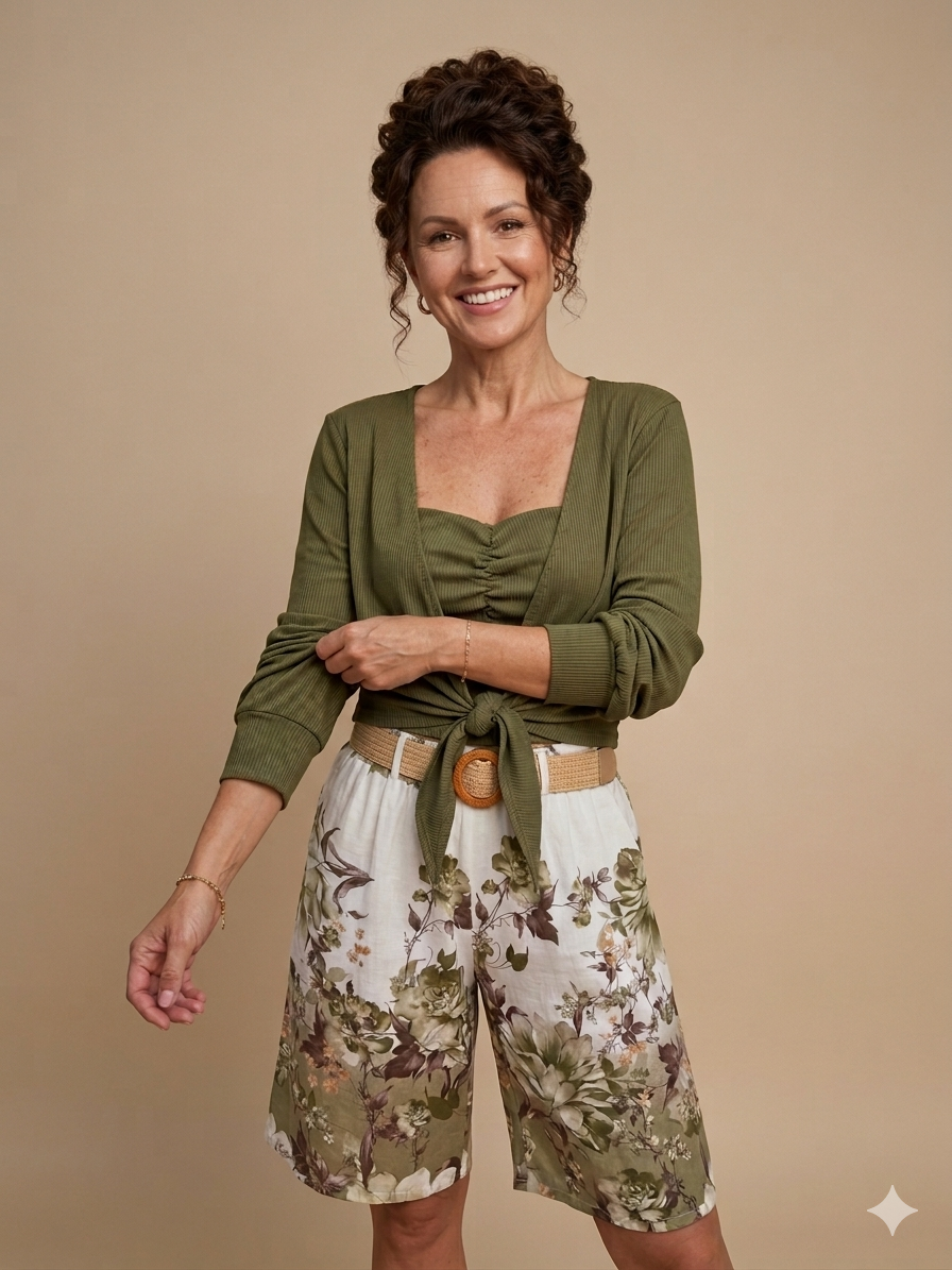 Model trägt Look 1 mit grünem Oberteil und weißer Hose mit floralem Muster vor neutralem Hintergrund.
