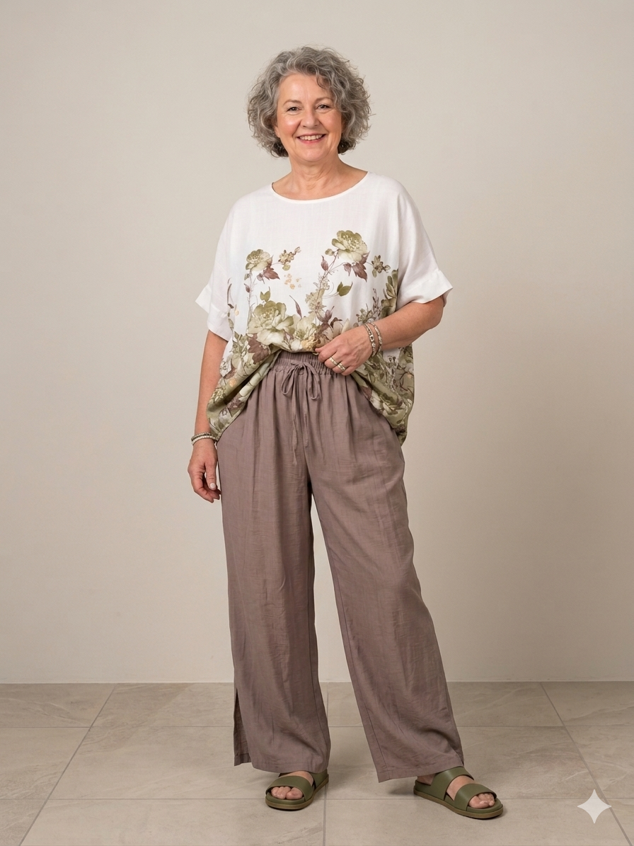 Model trägt Look 3 mit weißer Bluse „Bellina Verde“ und brauner Palazzo‑Hose vor neutralem Hintergrund.