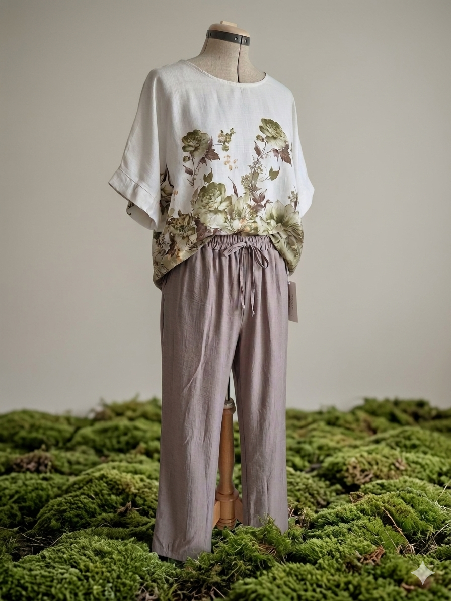 Eleganter Sommerlook mit weißer Bluse „Bellina“ Verde und fließender Palazzo‑Hose auf Boutique‑Puppe.