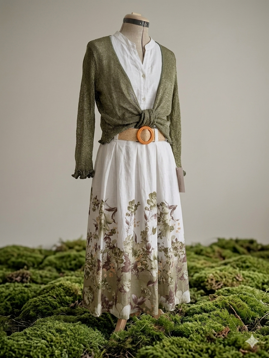 Sommerlicher Look mit weißer Bluse, grünem Bolero „Vario“ und floralem Rock „Bellina“ Verde auf Boutique‑Puppe.