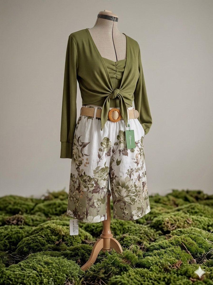 Sommerliches Outfit mit grünem Langarm‑Shirt „Luia“ und floraler Short „Bellina“, präsentiert auf einer Boutique‑Puppe.