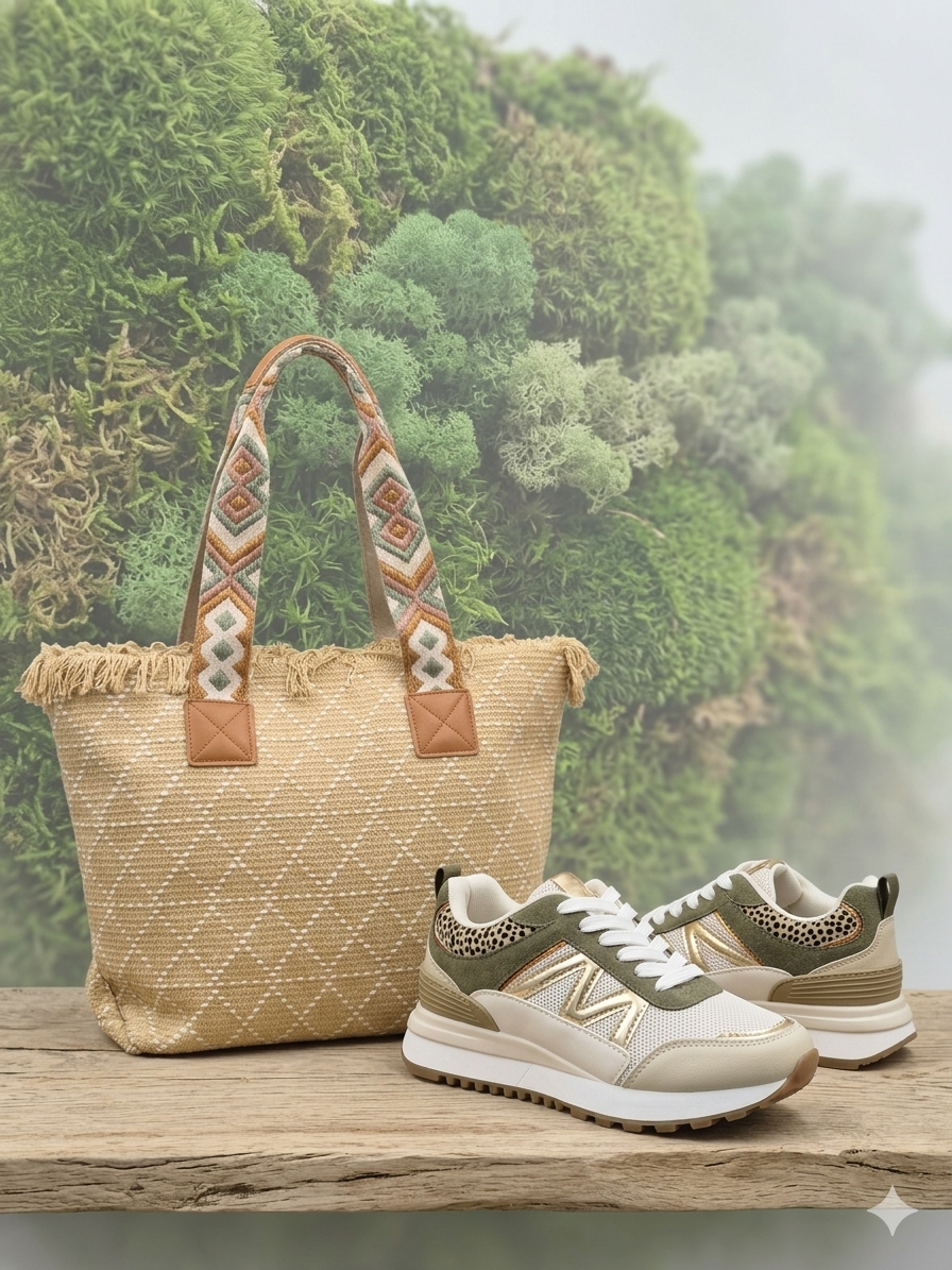 Geflochtene Tasche „Milano“ und Sneaker „Siena“ im natürlichen Lifestyle‑Setting der KuBa Fashion Kollektion.