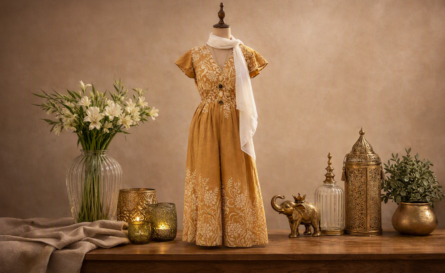 Schneiderbüste mit goldgelbem Kleid und weißen Stickereien, umgeben von eleganten Wohnaccessoires auf Holzkommode
