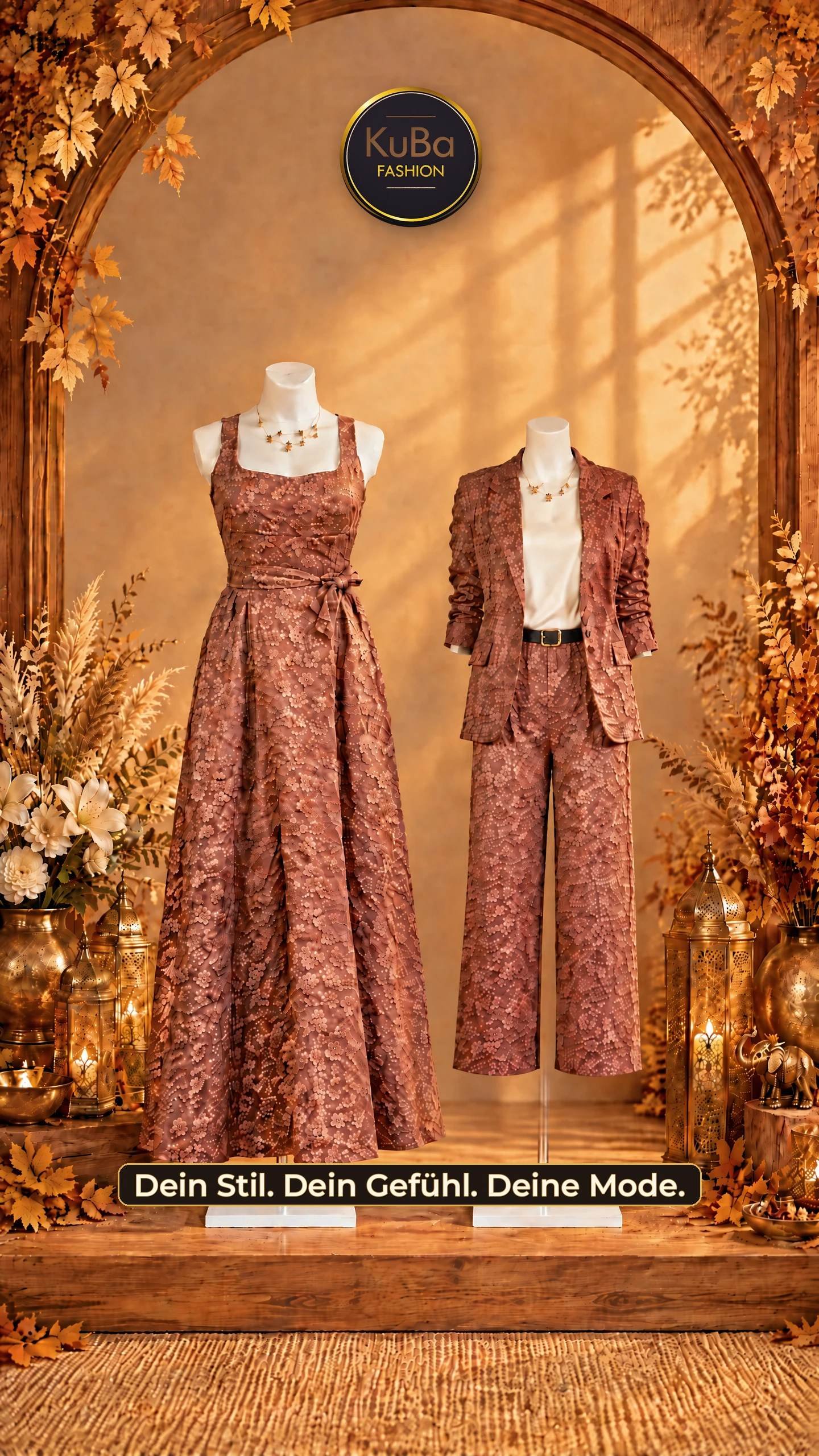 Herbstkollektion 2026 von KuBa Fashion mit elegantem Kleid und modernem Damenanzug in warmen Herbstfarben.
