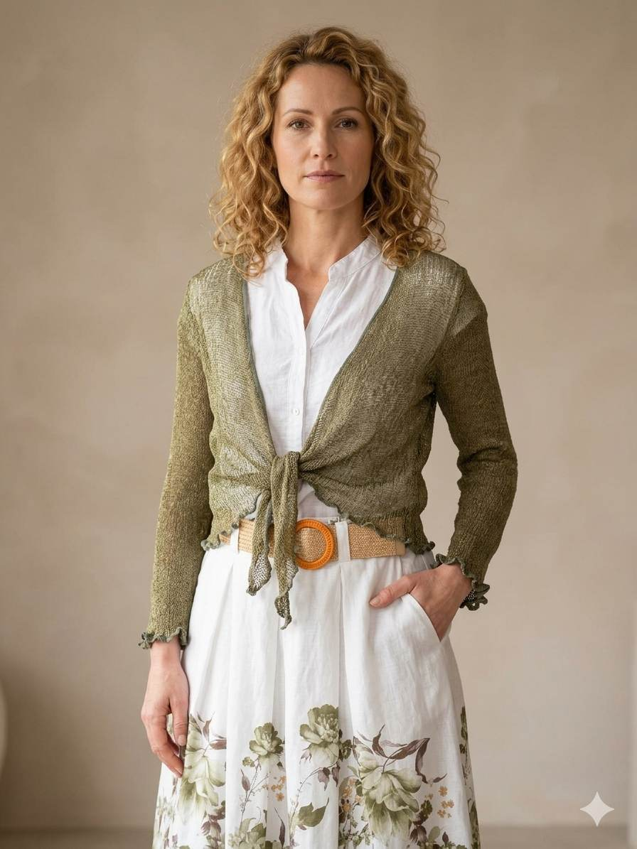 Model trägt Look 2 mit weißer Bluse, grünem Bolero und weißem Rock mit Muster vor neutralem Hintergrund.