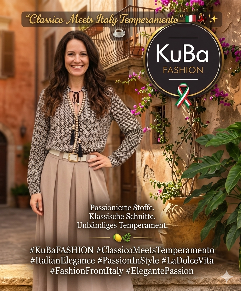 Elegante Damenkombination aus Bluse und Rock im italienischen Trendstyle – zeitloser Classico‑Look mit mediterranem Temperamento