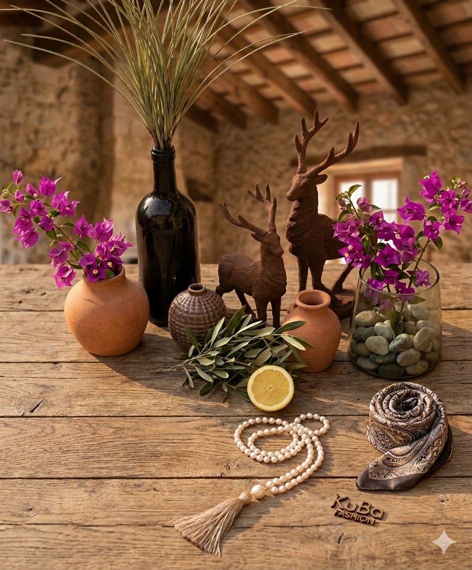 Stilvolle Deko‑Szene mit Mode‑Accessoires, Naturmaterialien und italienischem Classico‑meets‑Temperamento‑Lifestyle.