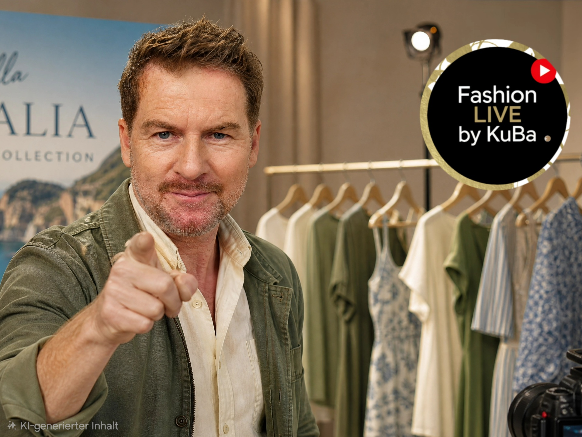 „KuBa Fashion Boutique – Kleiderstange mit hochwertigen Outfits vor goldener Blatt‑Rückwand, einladende Live‑Show‑Atmosphäre.
