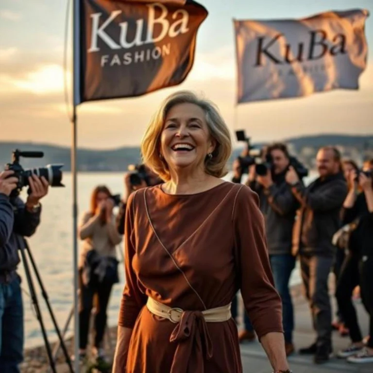 Senior‑Model mit blond‑grau meliertem Haar in braunem Kleid während einer Make‑off‑Atmosphäre im warmen Spätsommerlicht – KuBa Fashion Mode & Lifestyle.