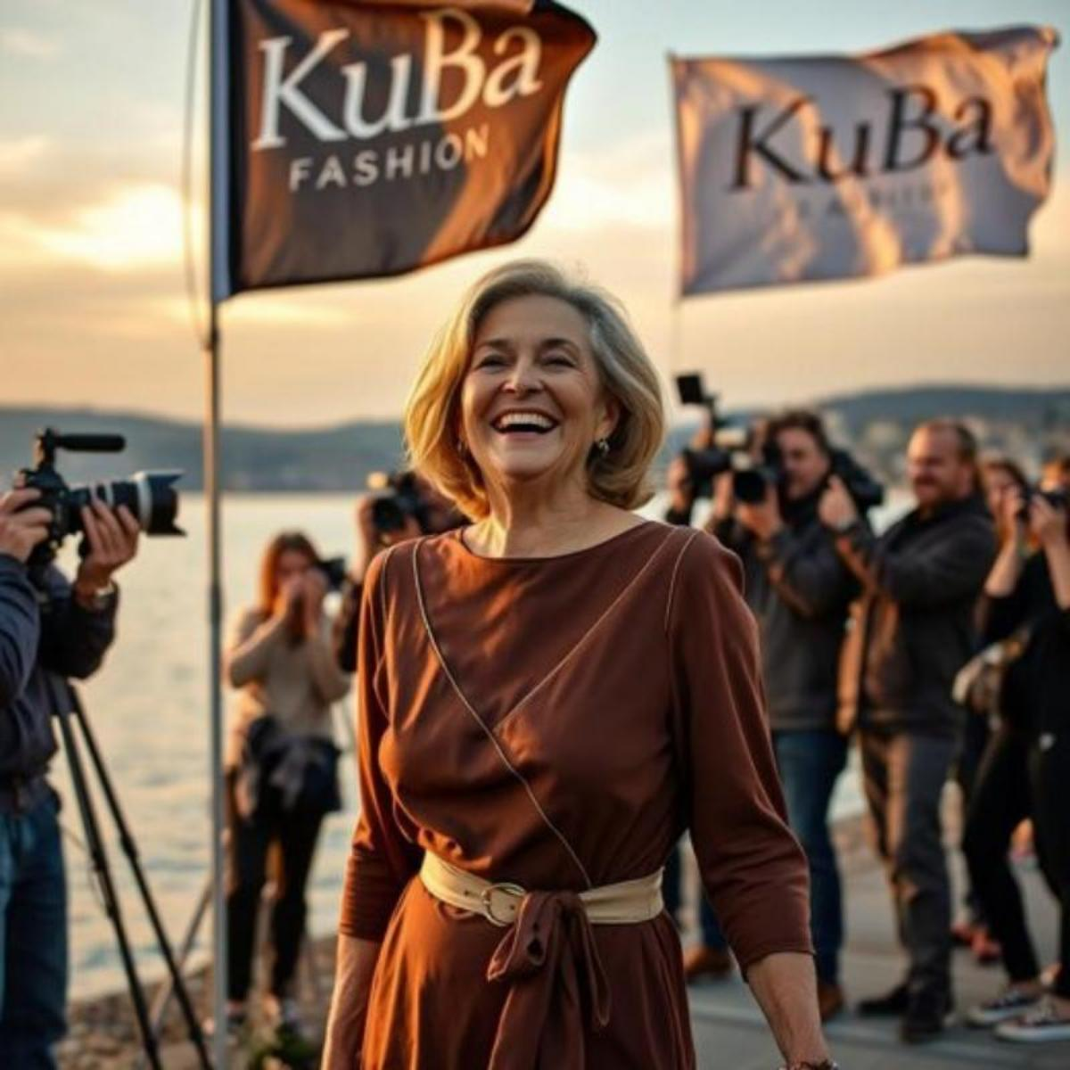 Senior‑Model mit blond‑grau meliertem Haar in braunem Kleid während einer Make‑off‑Atmosphäre im warmen Spätsommerlicht – KuBa Fashion Mode & Lifestyle.