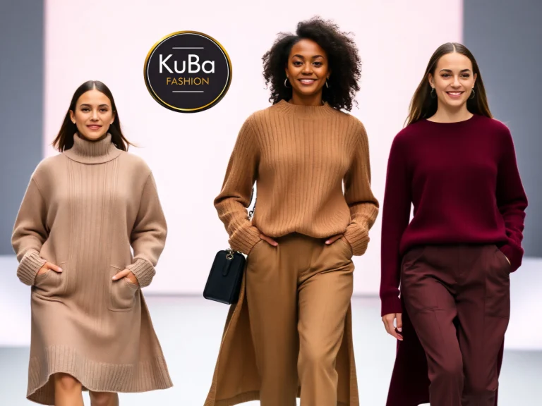 Drei Models präsentieren Herbstmode auf dem Laufsteg in warmen, erdigen Farbtönen