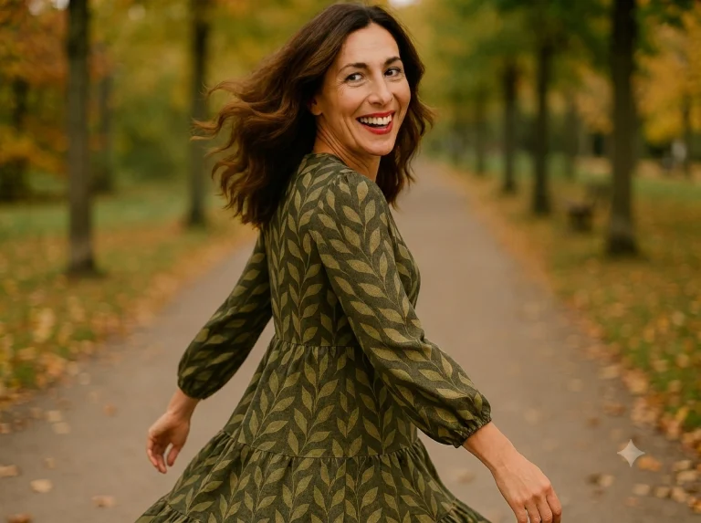Frau in grünem Kleid auf herbstlichem Waldweg – Modeaufnahme bei KuBa Fashion