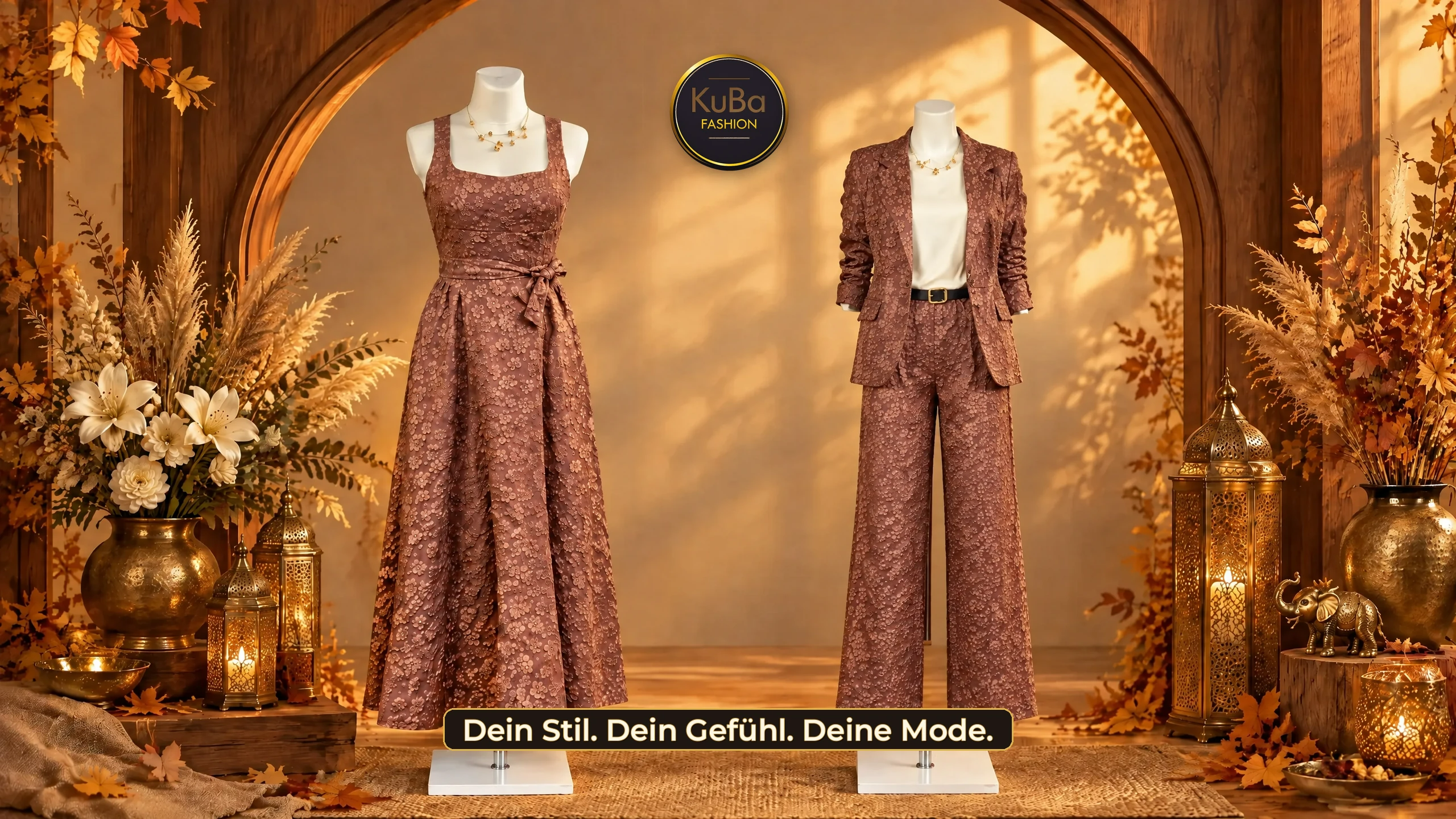Herbstkollektion 2026 von KuBa Fashion mit elegantem Kleid und modernem Damenanzug in warmen Herbstfarben.